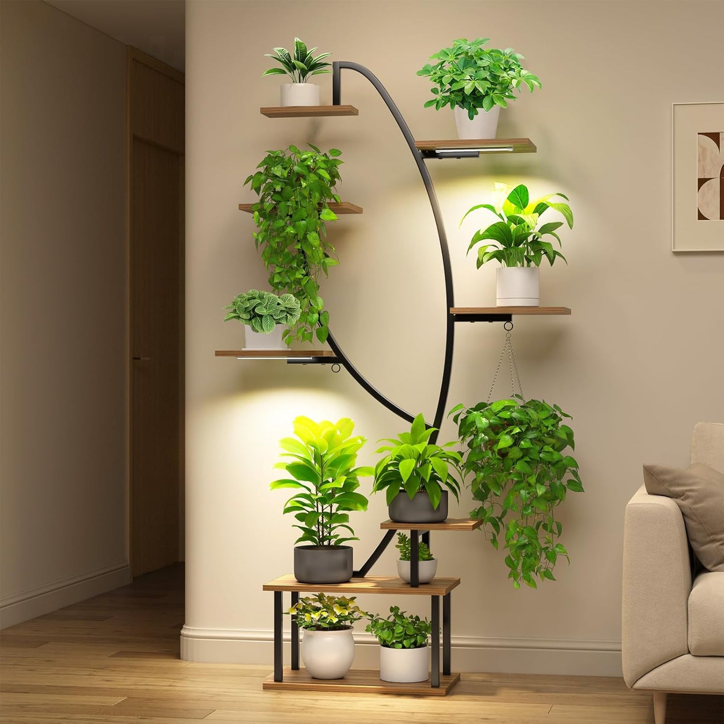 Indoor Plant Stand with Grow Lights, Multi-layer Tall Metal Plants Shelf, Corner Plant Stand Indoor with Cable Ties & Safe Straps for Living Room, Patio (Swan Neck)