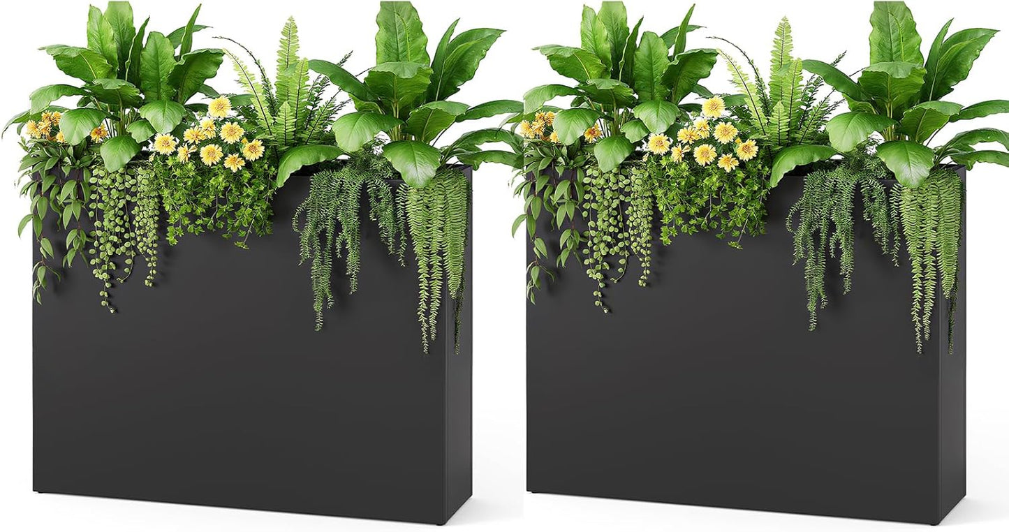 Stoog 38" Metal Tall Rectangular Planters Set of 2 - All-Weather Planter Box for Indoor/Outdoor Use, with Removable Insert Shelf, for Plants, Flowers, Garden, Black