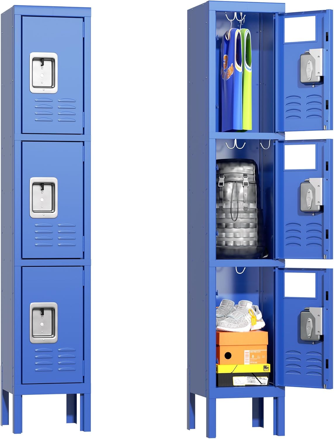 Greenvelly Storage Locker for Employee,Office,Metal Gym Locker with 3 Door,Steel Blue Locker Cabinet Organization for School, Free Standing