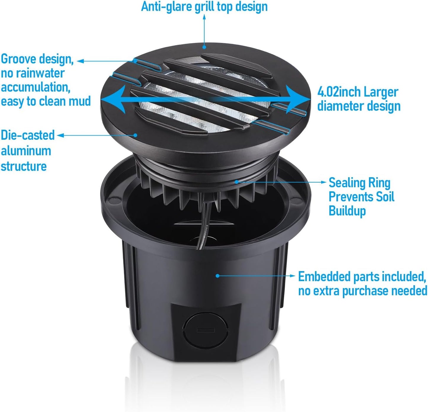 LEONLITE Dia. 4 Inch Well Lights Landscape LED In Ground, Grated Top, 5 Color Temperature Selectable, 12-24V AC/DC CRI90 Low Voltage Garden Landscaping, Black Aluminum Housing, Pack of 6