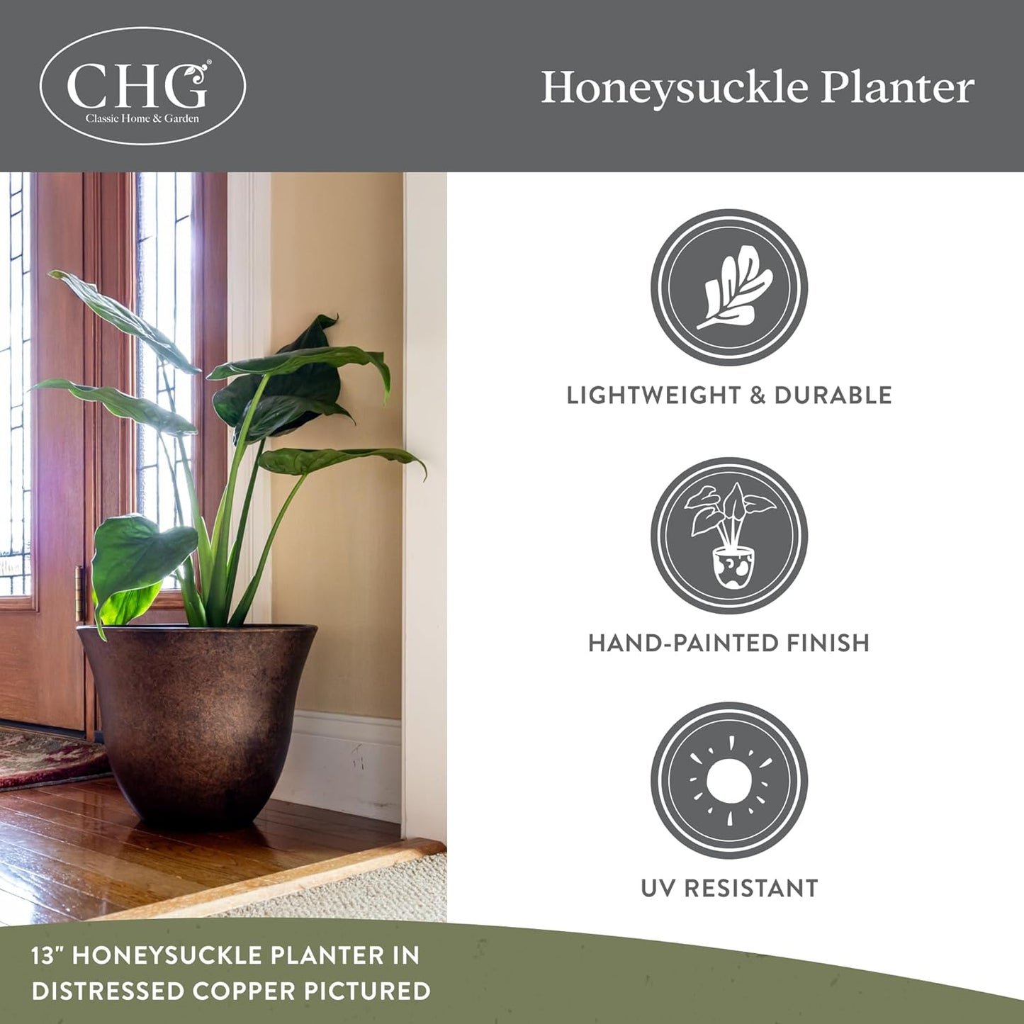 Classic Home and Garden Honeysuckle Resin Planters - Lightweight Indoor & Outdoor Plant Pots - UV-Resistant Plastic Flower Pots - Pot Planters for Flowers & Herbs (15" Distressed Copper)