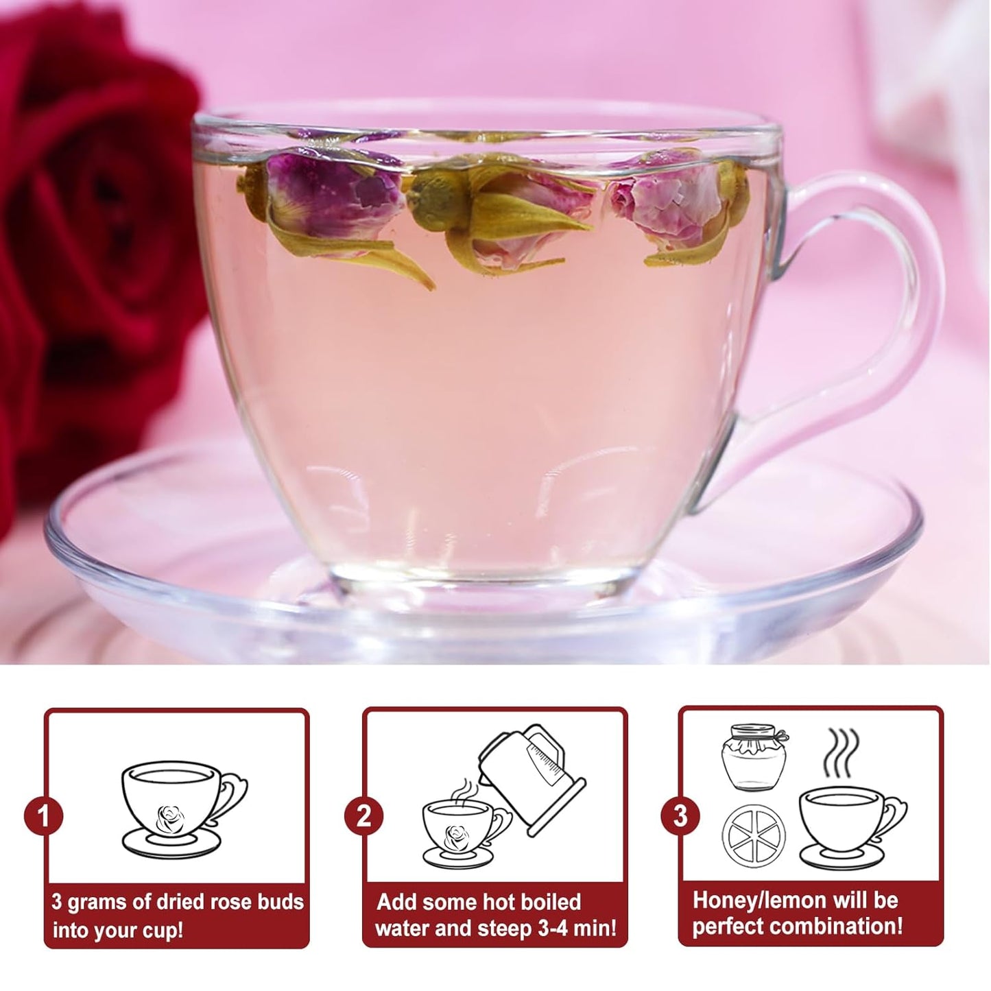 TEARELAE - Premium Dried Rose Buds - 100% Pure Natural Dried Roses Edible Flowers 3oz/85g - Culinary Rosebud for Rose Tea, Baking, Candle Making, Soap Making and Handicraft