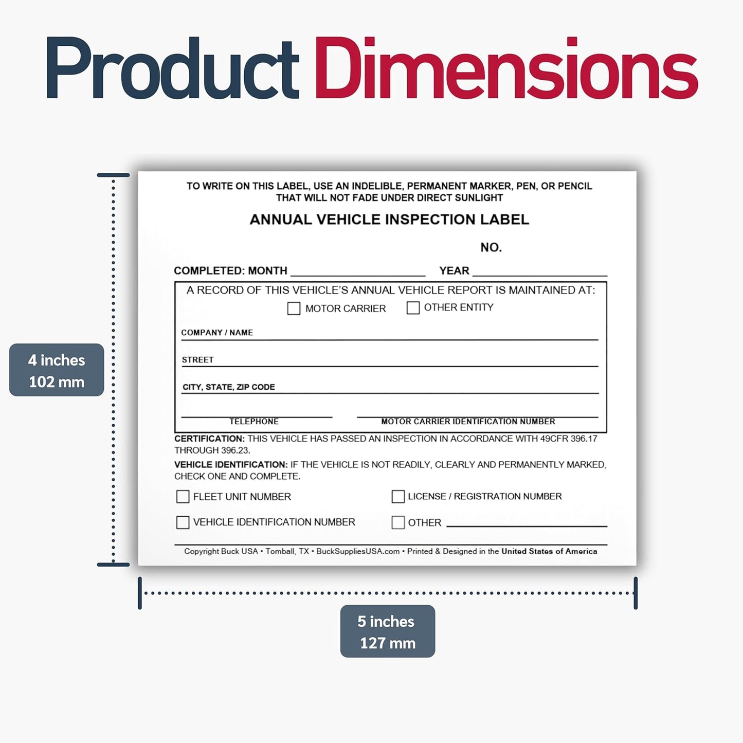 10 Pack Buck Annual Vehicle Inspection Label, 2-Ply Adhesive Vinyl with Mylar Laminate, FMCSA & DOT Compliant, Weatherproof, Tear Resistant, Easy to Write On, 5" x 4" - Made in USA