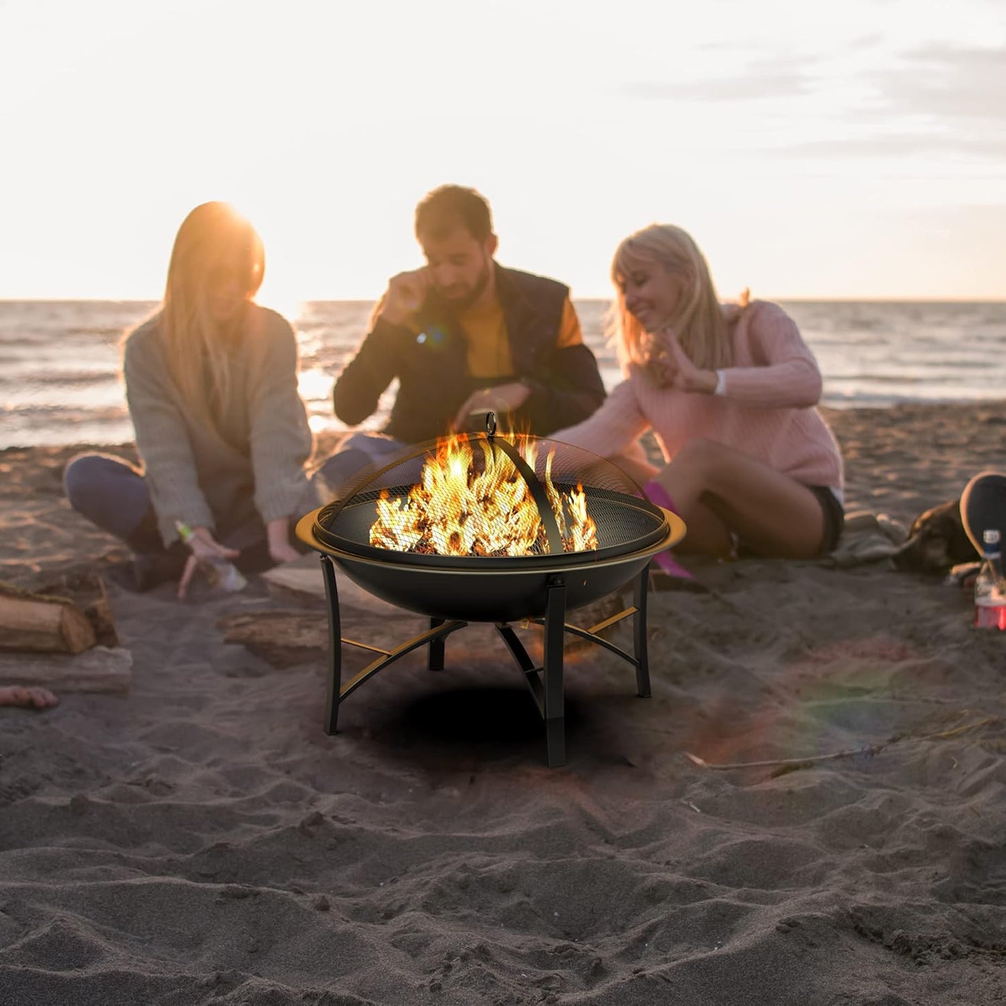 Fire Beauty Fire Pit for Outside Wood Burning,BBQ Grill Steel Fire Bowl with Spark Screen Cover,Log Grate,Poker for Camping Beach Bonfire Picnic Backyard Garden