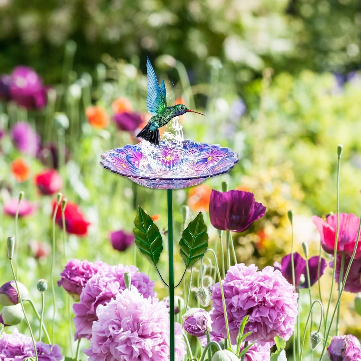 Glass Bird Baths for Outdoor, Garden Birdbath Bird Feeders Hydrangea Decor Birdfeeder with Metal Stake for Garden, Yard, Lawn, Courtyard