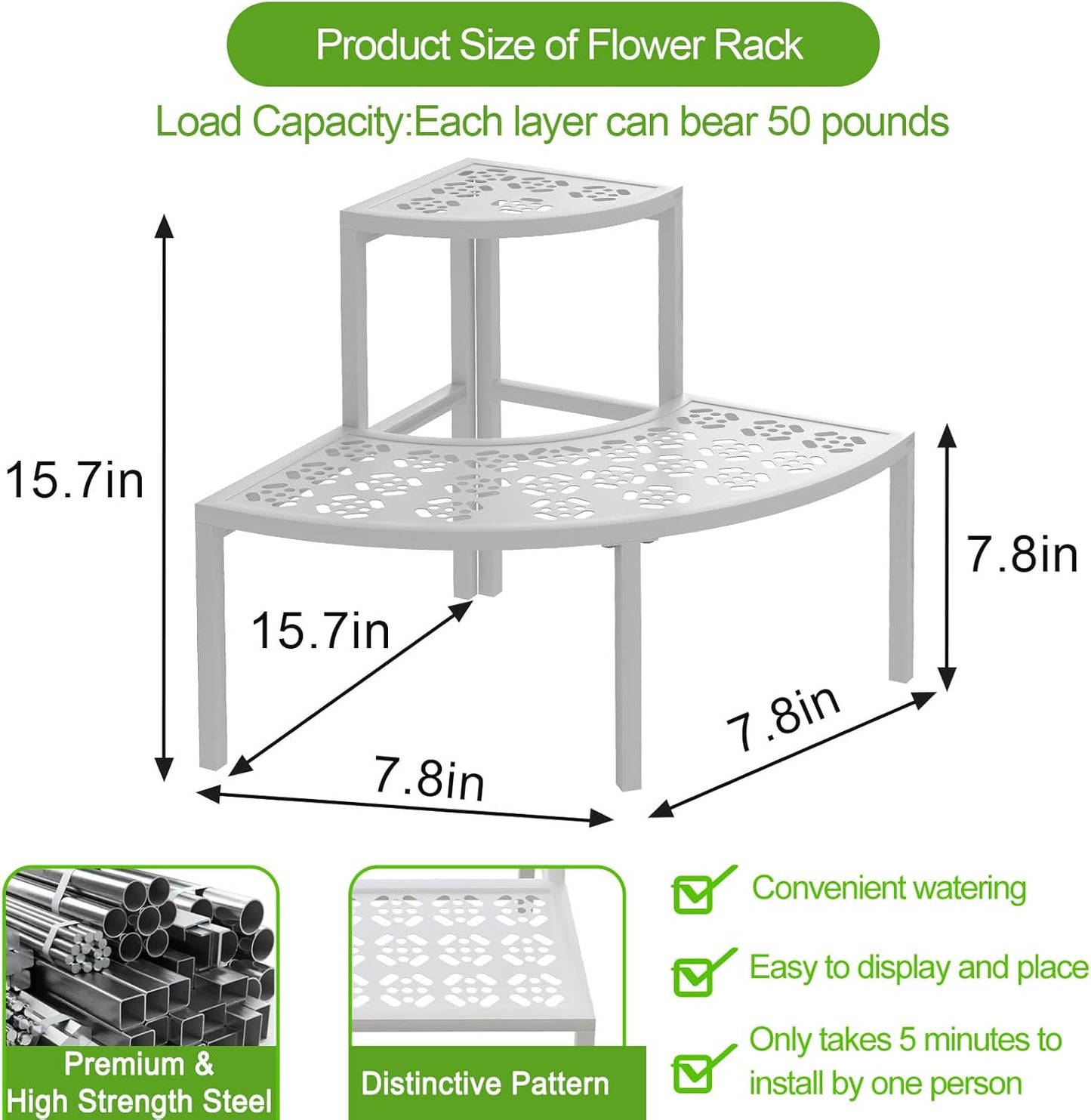 aboxoo 2 Tier Plant Stand Flower Pot Rack for Patio,Heavy Duty Metal Stair-Step Style Corner Shelf Planters, Quarter Round Display Holder for Indoor Outdoor Use(White, Semicircle)