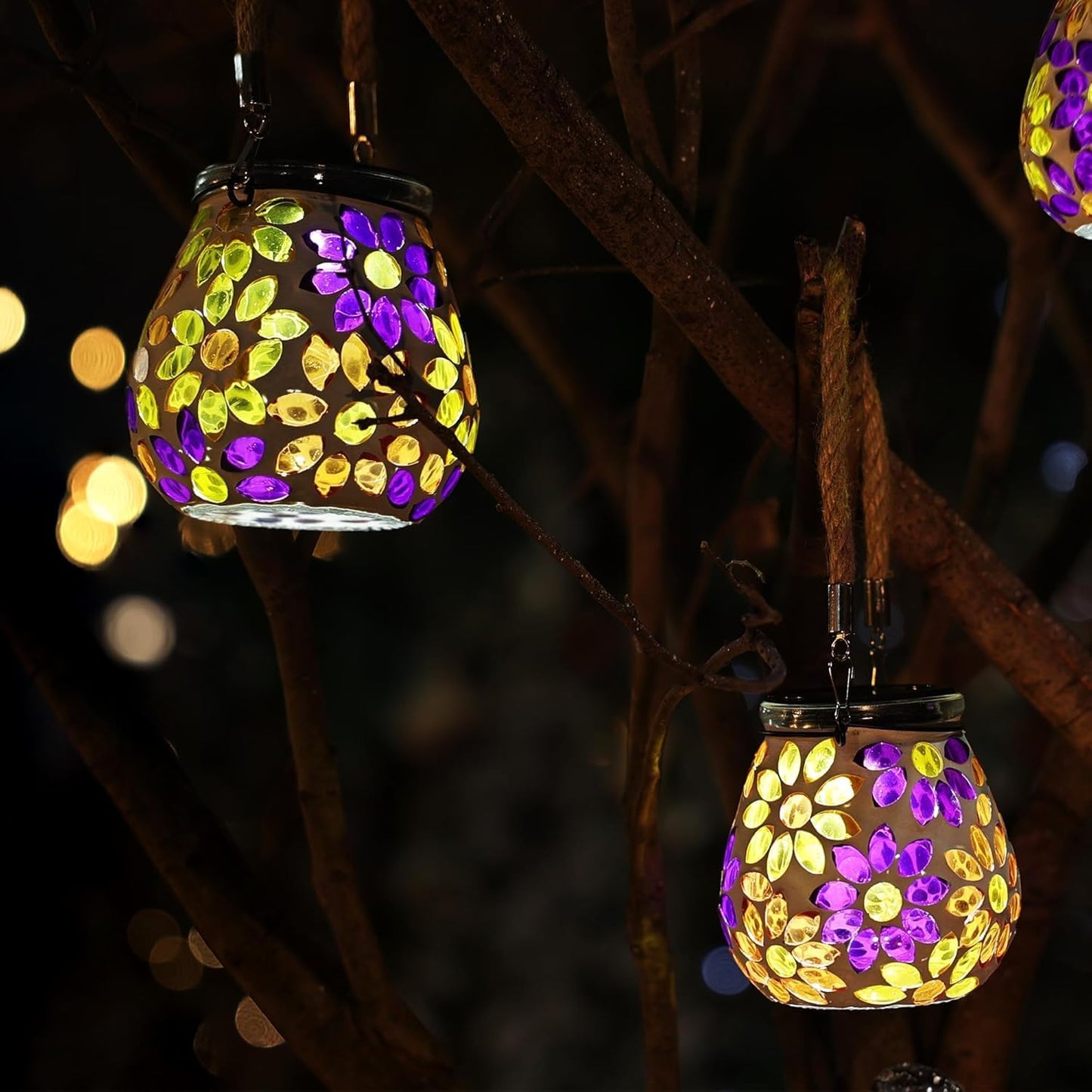 Cooo 4 Pack Mosaic Solar Lantern Outdoor Waterproof IP68 Hanging Projection Light Hidden Lid Pear-Shaped Lantern with Rope Handle Solar Powered Auto On for Patio Garden Fence Table -Petal Mirage