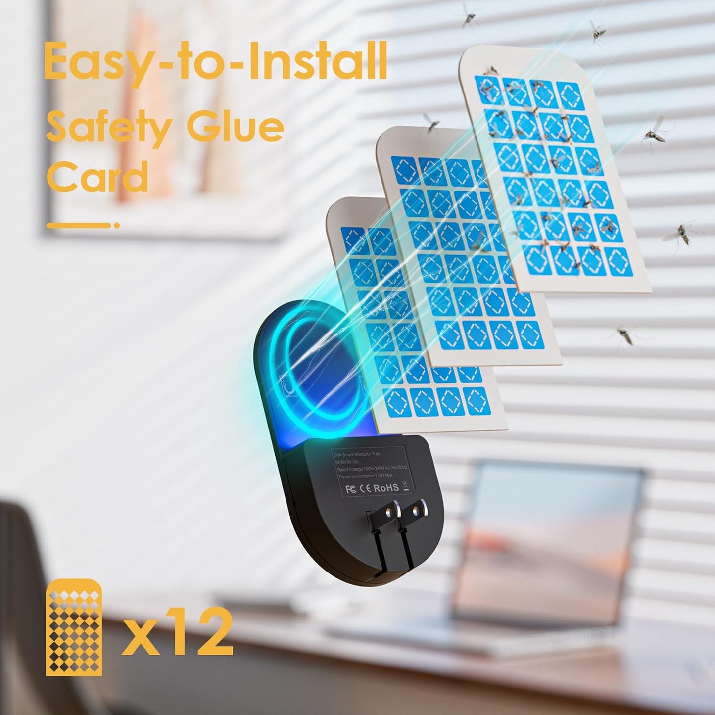 Flying Insect Trap, 2 in 1 Indoor Plug-in Fruit Fly Trap, 2 Trap Black and 12 Glue Cards, Fruit Fly Traps for Gnat, Moth, Mosquito, Suitable for Every Part of The Home