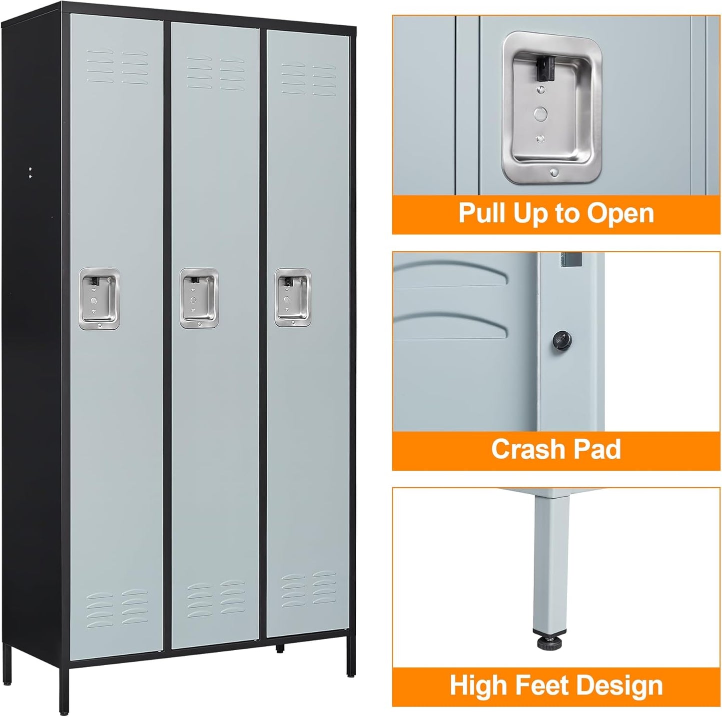 Metal Locker with 3 Doors Employees Locker, Metal Storage Locker with Hooks, 71" Storage Cabinet Lockers for Employees, Home, Office, Gym Requires Assembly (3 Doors, Black Grey)