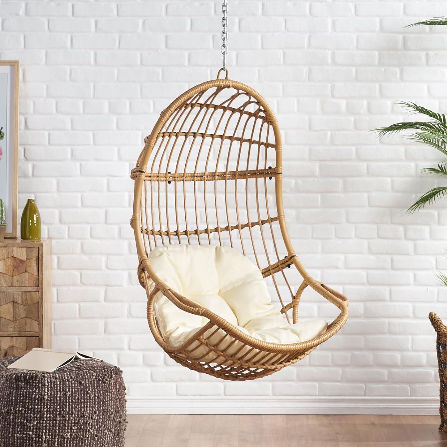Christopher Knight Home Mariah Wicker Hanging Chair with Cushion, Outdoor Indoor Basket Chair, Boho Garden Lounger Porch Swing Furniture, Modern Patio Decor, Light Brown and Beige
