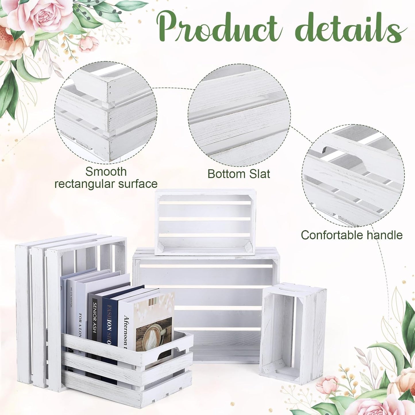 Soaoo 5 Pcs Decorative Nesting Wooden Crates for Storage Display 5 Size Large Small Rustic Wood Decorative Storage Crates with Handle Farmhouse Crate Box Container Made from Pine(Vintage White)