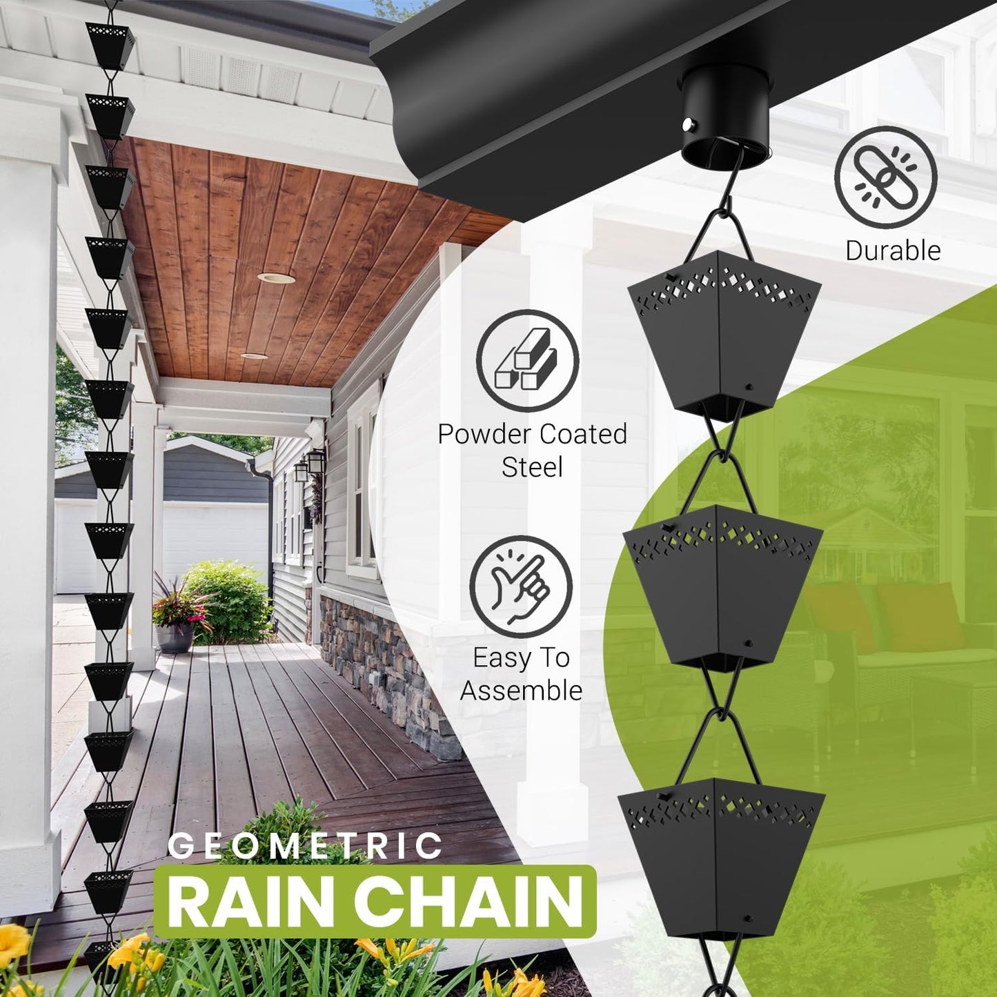 Rain Chain Kit w/Adapter & Extension | Black Powder Coated Rain Chains for Gutters 10 ft | Rain Chain | Gutter Chain Downspout | Rain Chains for Outside | Rain Catcher | Rain Chimes