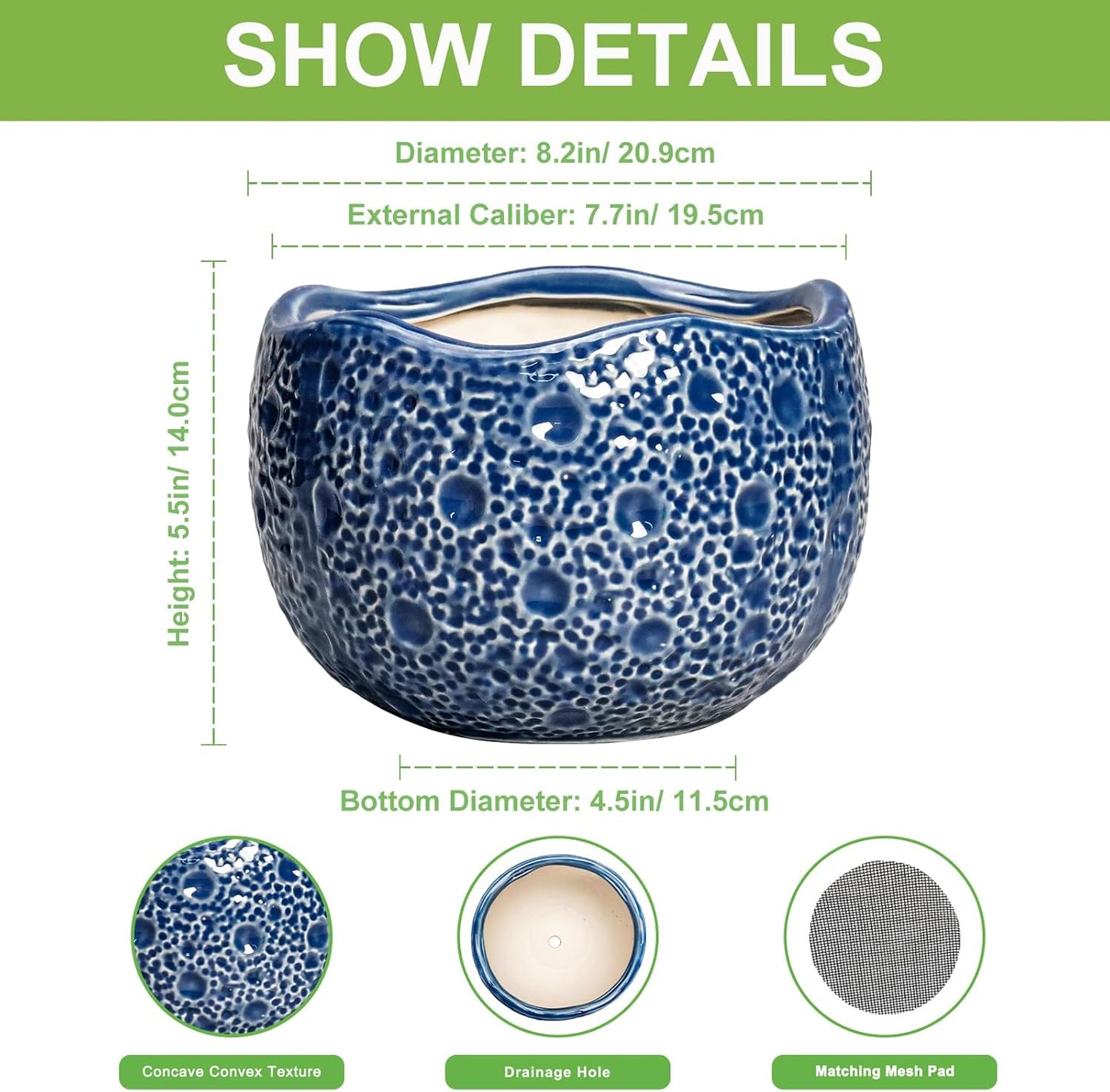 Ceramic Pots for Plants - 8 Inch Round Planter with Drainage Hole, Round Decorative Plant Pots for Indoor Outdoor, Modern Unique Flower Pot, House Living Room Decor, Home Gifts, Blue