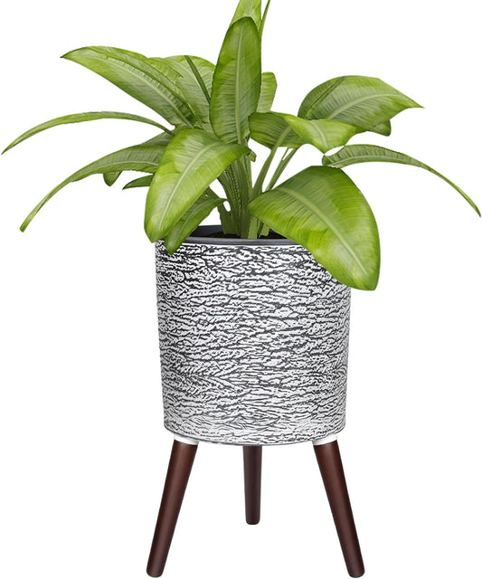 12 Inches Plant Pots with Stand Mid Century Flower Pots with Wood Legs Large Mode Cylinder Planter with Drainage Holes for Indoor Plants,Garden,Decorative-Grey
