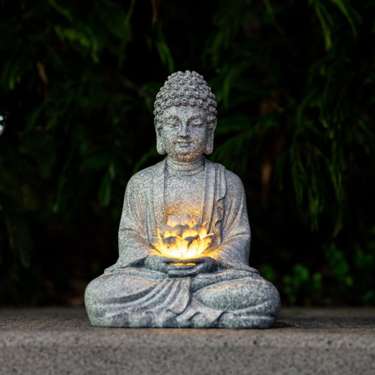 Buddha Lotus Statue with Solar Lights, Resin LED Figurine for Garden Decor – Unique Gift for Women and Friends(Grey Buddha)