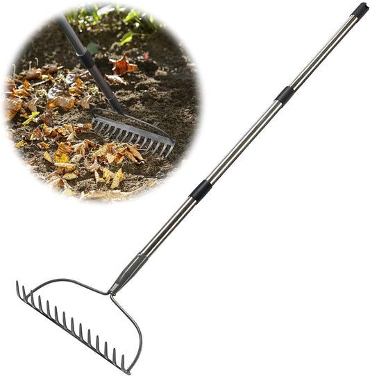 Rake for Leaves, Garden Bow Rake Heavy Duty, 48 in Leaf Rakes for Lawns, Yard Gardening Tools with Back-Saving Handle, 14 Metal Tines Head for Loosen Soil, Clear Gravel Grass Rock, Level Mulch
