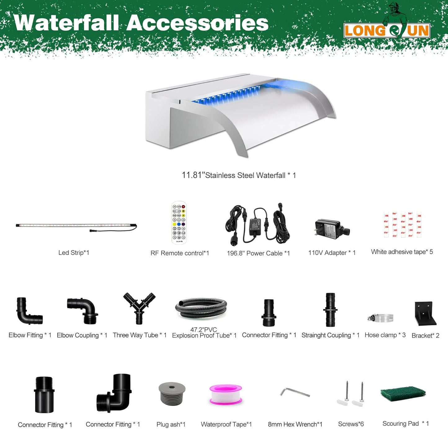 Waterfall Pool Fountain, LONGRUN Stainless Steel Waterfall Spillway for Pools and Ponds - 11.8" Wide Decorative Water Feature for Swimming Pools, Koi Ponds, and Garden