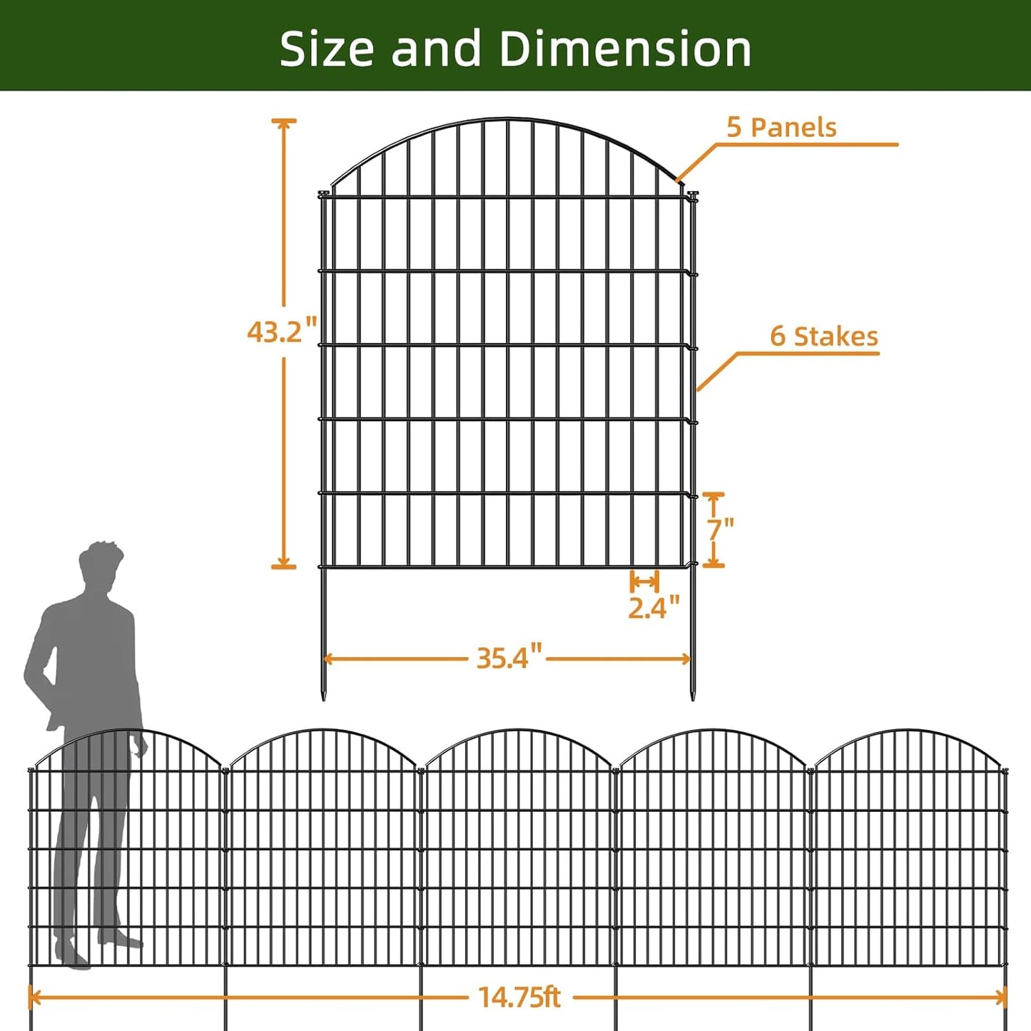 Decorative Metal Garden Fence Outdoor CTW3643, 43.2in H x 14.75 ft L, No Dig Temporary Dog Fence Border Fencing for Yard Patio Landscape Flower Bed,5 Panels + 6 Stakes, Black