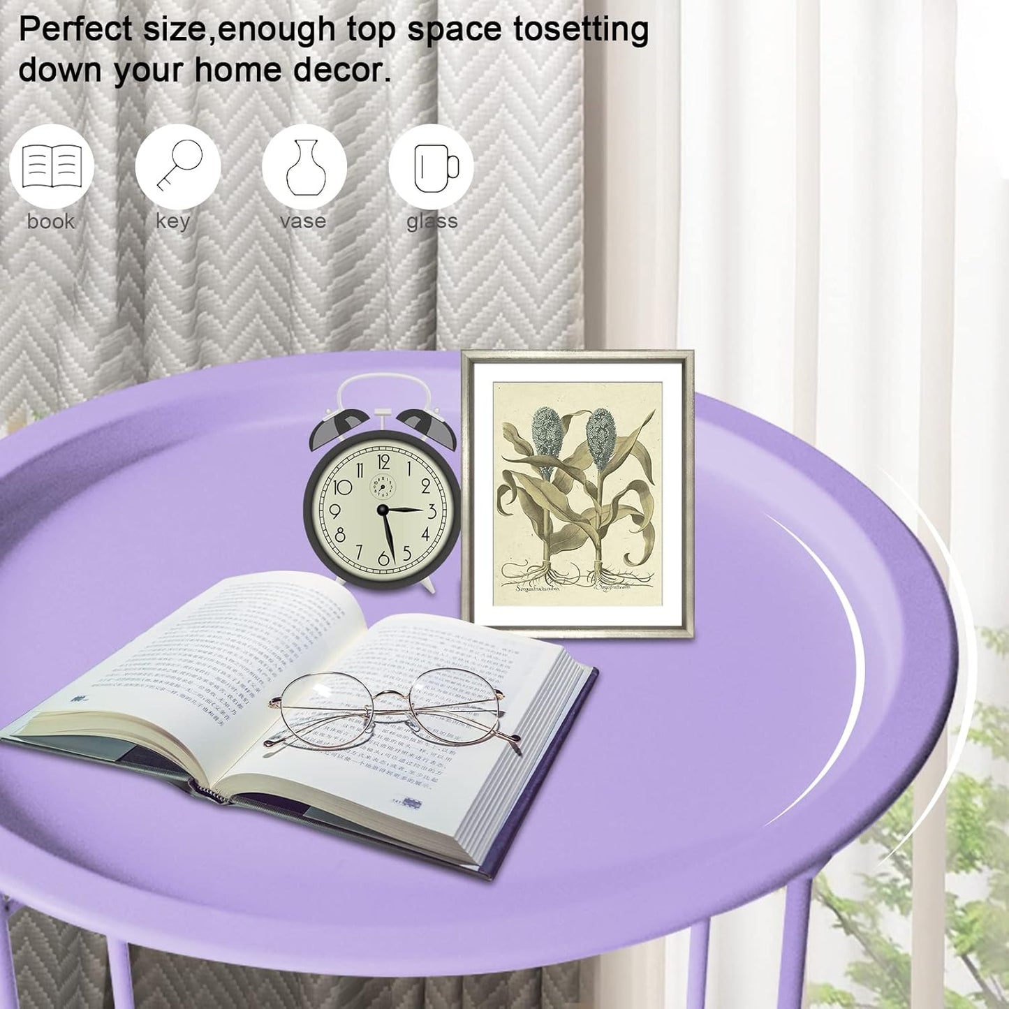 Garden 4 you End Table Metal Side Table Purple Round Folding Tray Cyan Sofa Small Accent Fold-able Table, Round End Table Tray, Next to Sofa Table, Snack Table for Living Room and Bed Room