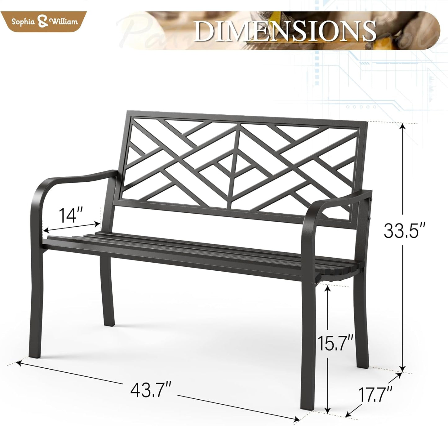 Sophia & William Outdoor Metal Bench Patio Garden Bench, Cast Iron Park Benches for Outside with Minimalist Backrest, Black