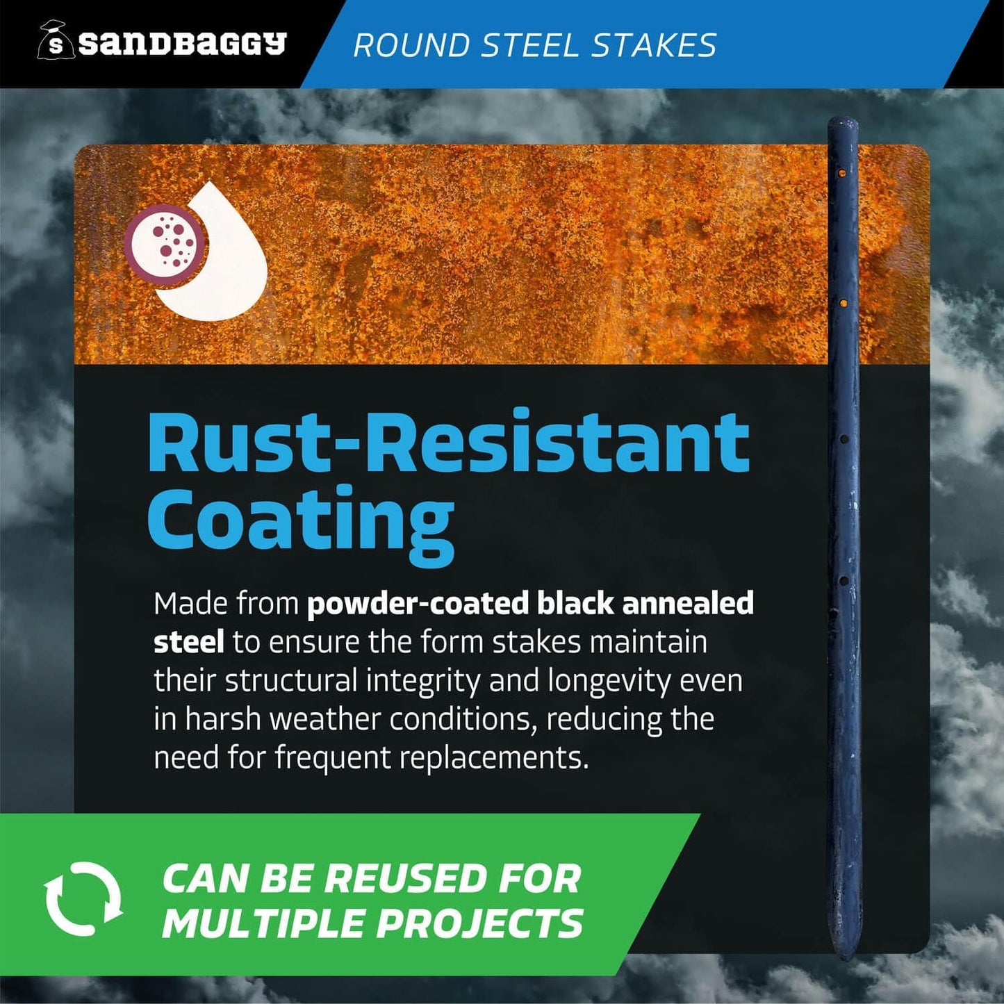 Sandbaggy Round Steel Concrete Form Stakes with Nail Holes - Rust Resistant Coating - Removable, Reusable (400, 3/4 in X 18 in)