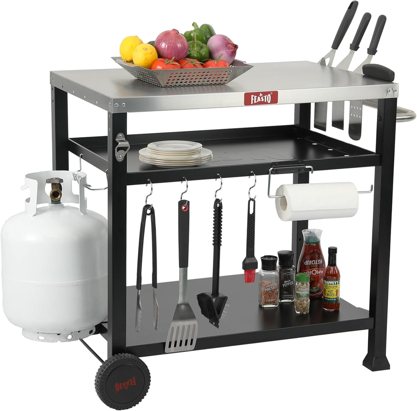 Three-Shelf Movable Food Prep and Work Cart Table, Home and Outdoor Multifunctional Stainless Steel Table Top Worktable on Two Wheels, L39.5''x W25.6''x H33'', Cover Included