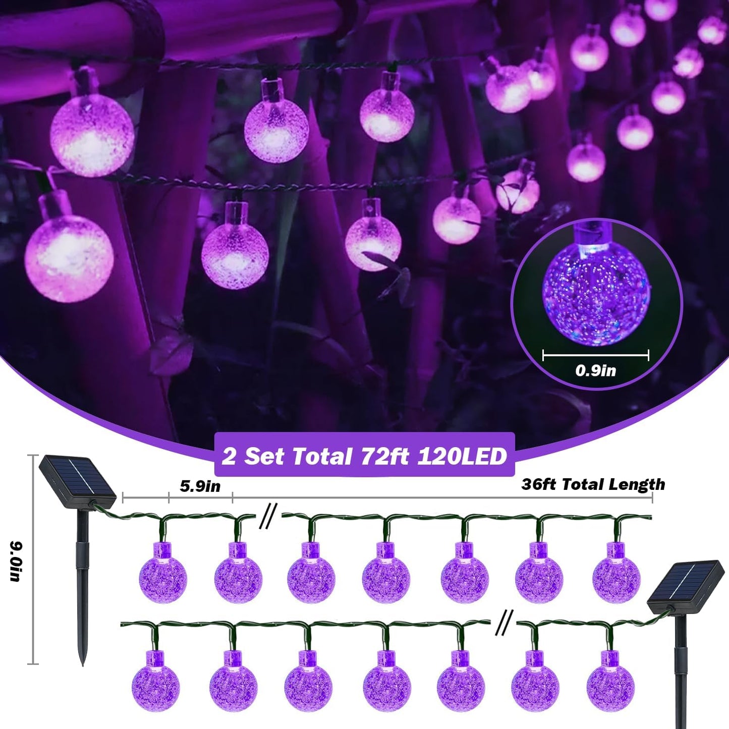 Solar Lights Outdoor Waterproof, 2 Pack Total 120LED 72FT Solar String Lights for Outside with 8 Modes, Outdoor String Lights Crystal Globe Patio Lights for Garden Yard Party Decor (Purple)