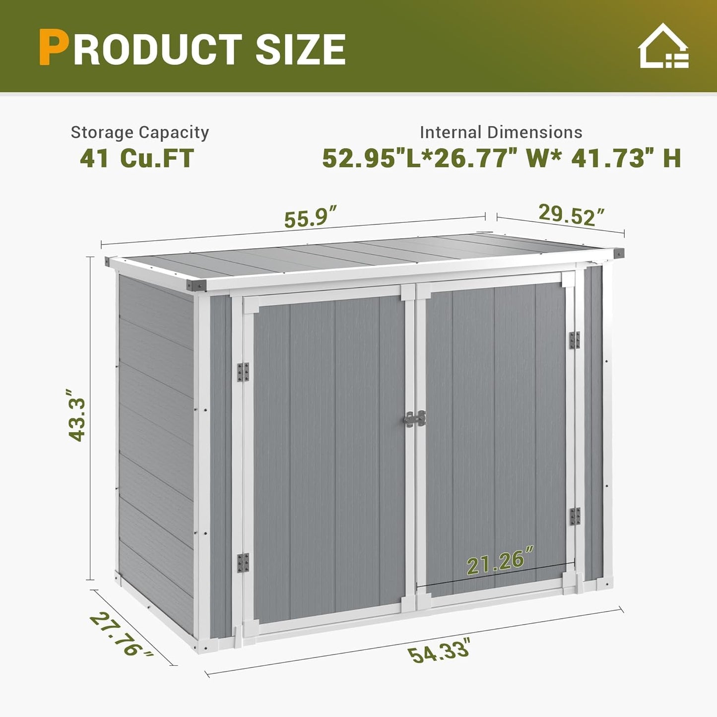 41 Cu.Ft Horizontal Outdoor Plastic Storage Shed/Box Trash Can Sheds Weatherproof Resin Shed with Floor Thickened & Gas Spring & Lockable Doors for Tools, Lawn Mower Storage（4.5 * 2.5 FT）