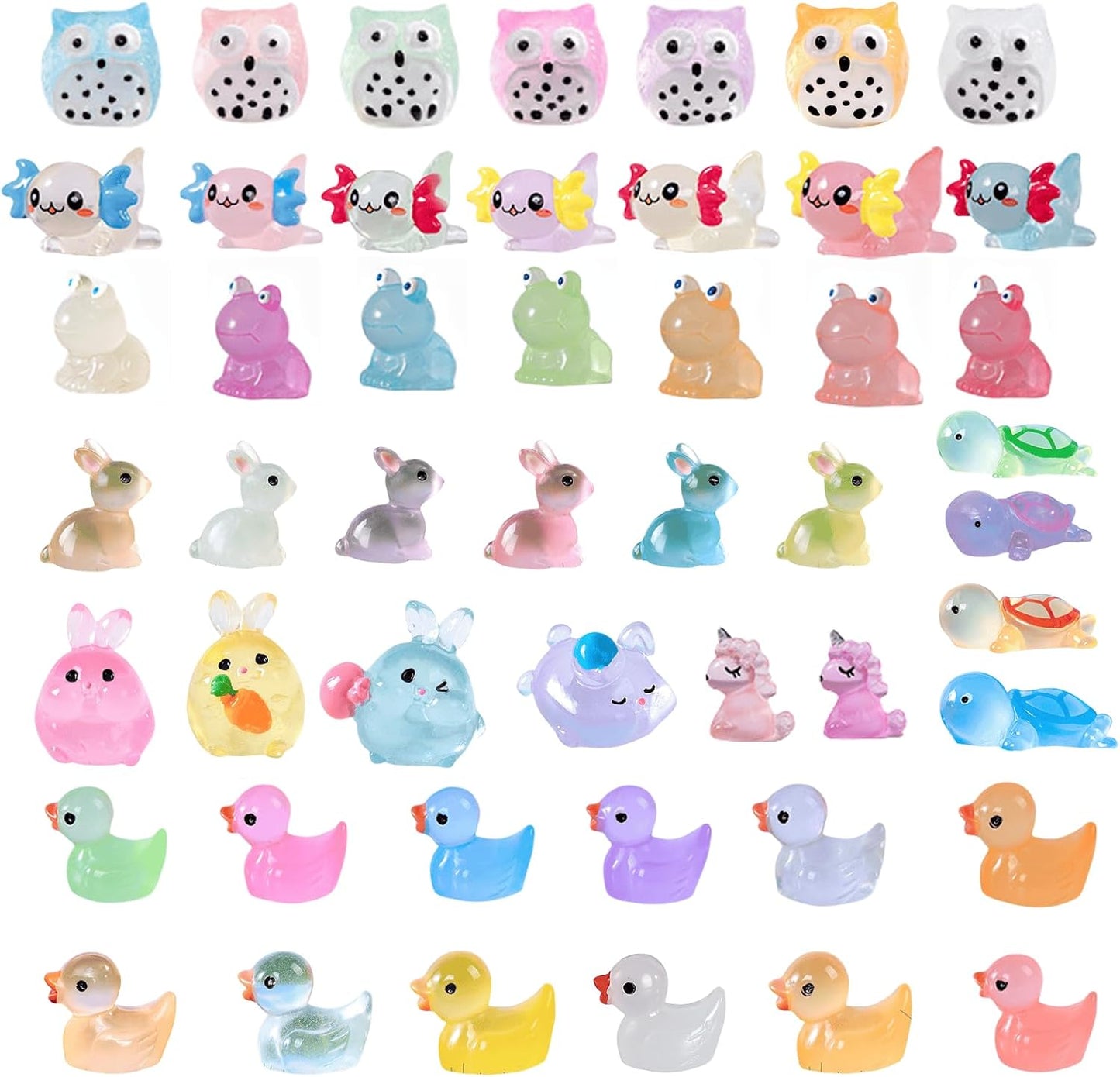 49PCS Tiny Resin Bulk Animals Miniature Figures Ornament Luminous Transparent Multicolor Dollhouse Decor Accessorie for Garden Aquarium Potted Ornament