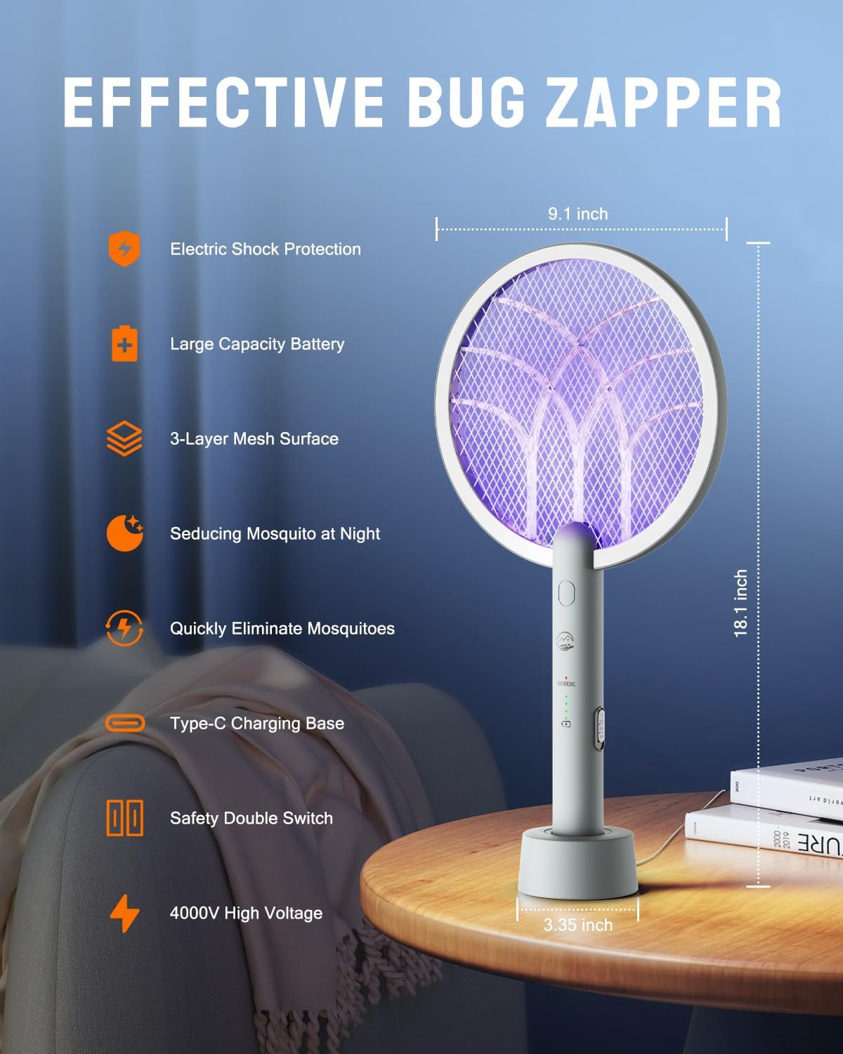 Electric Fly Swatter Racket, Mosiller 2 in 1 Bug Zapper with Type-C Rechargeable Base, 4000V Mosquito Killer with 3-Layer Safety Mesh for Pest Insect Control for Indoor、Office、Camping(Grey-1 Pack)
