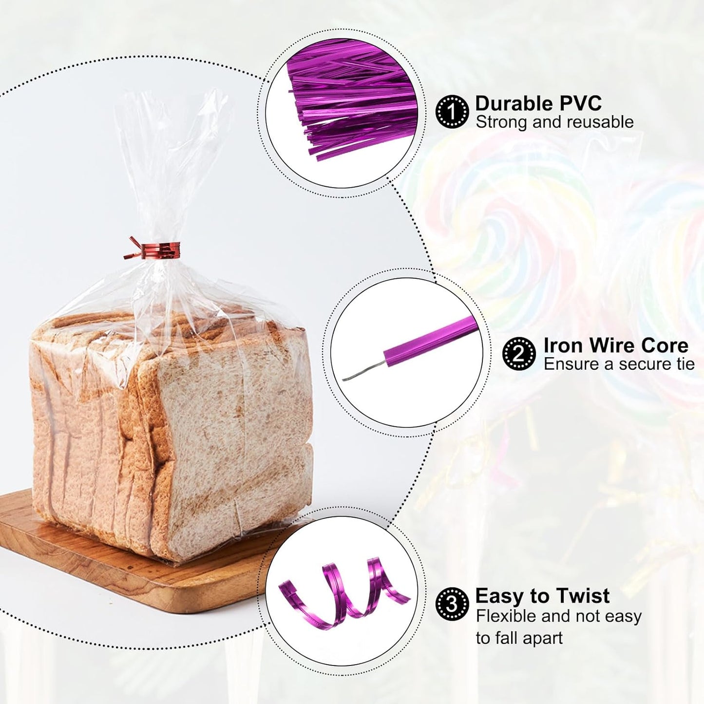 HARFINGTON 800pcs Bag Twist Ties 4.7" Reusable Plastic Metallic Twist Ties Wire Cable Ties for Party Bread Candy Cake, Pink