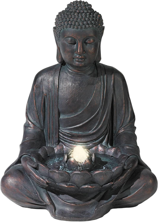 Meditating Buddha 24" High Large Zen Asian Indoor Outdoor Decor Resin Floor Fountain with Light LED Standing Bubbler Water Feature for Outside Garden Patio Yard Backyard Porch Deck - John Timberland
