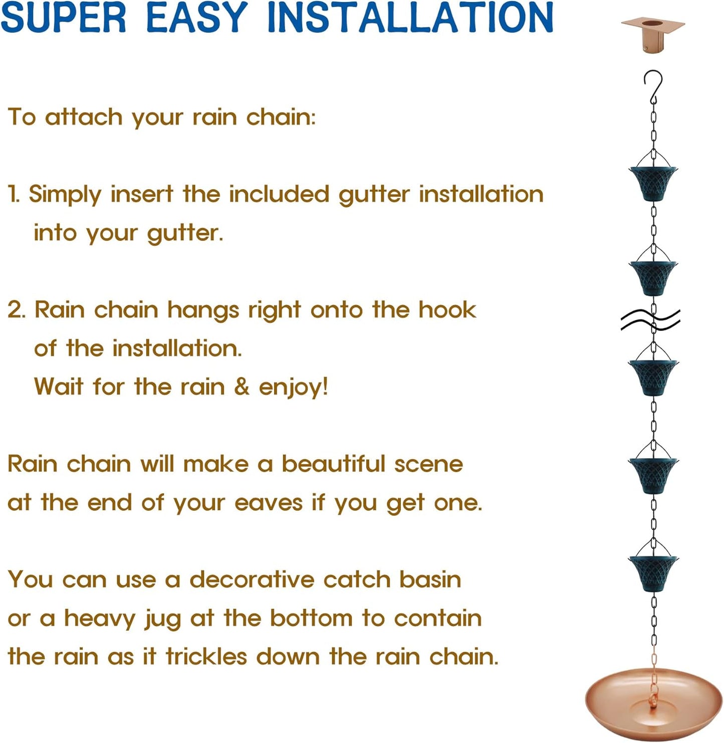 [Upgraded] 8.5FT Sky Blue Iron(Both-Sided) Rain Chains for Gutter and Rain Barrel, Rust-Resistant Plated Garden Décor Rain Chain for Downspout, W/Rain Chain Gutter Adapter, Earrings for House