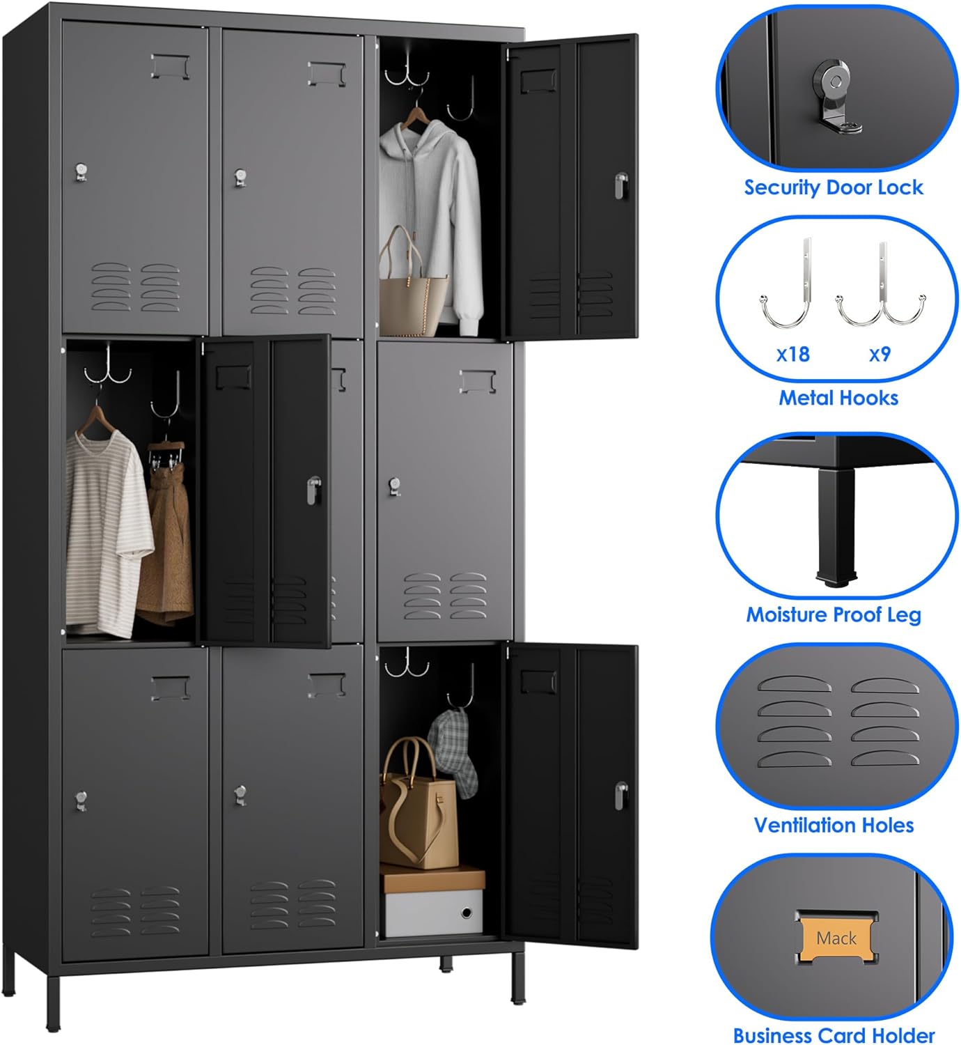 9 Doors Metal Locker for Employees with 27 Hooks and Business Card Holder,Metal Locker with Ventilation Holes for School Garage Office Gym Home,Assembly Required,Black