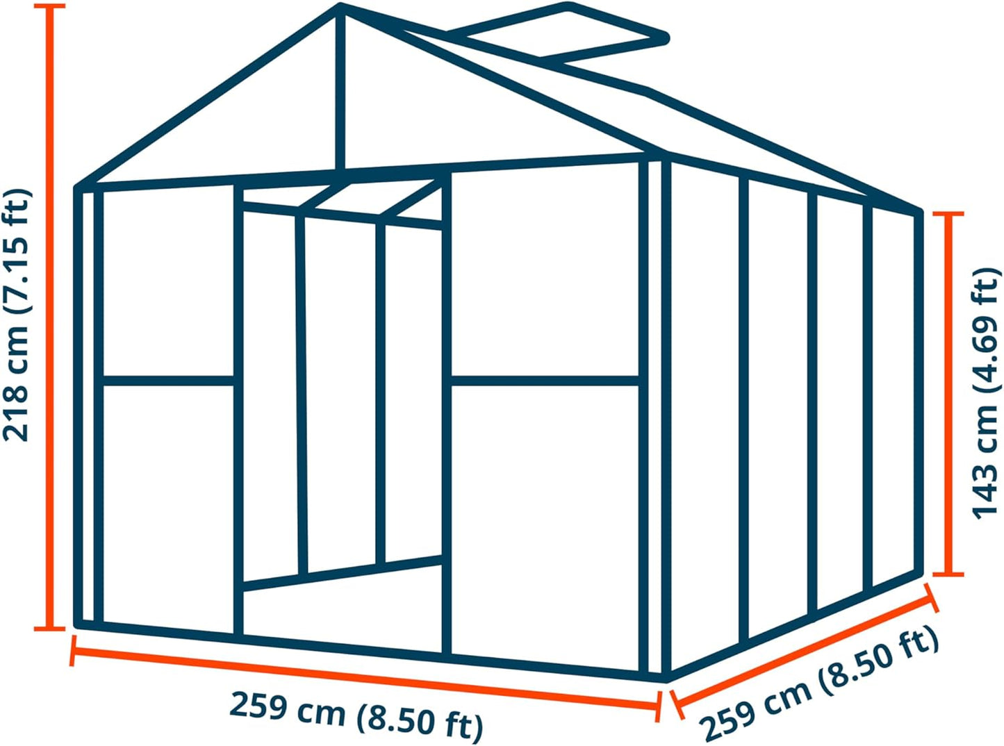 Greenhouse Saphir 4 Aluminum Frame 8.5 x 8.5 ft Approx. 6 mm Polycarbonate Panels - with Bonus Base Frame and Automatic Vent Opener
