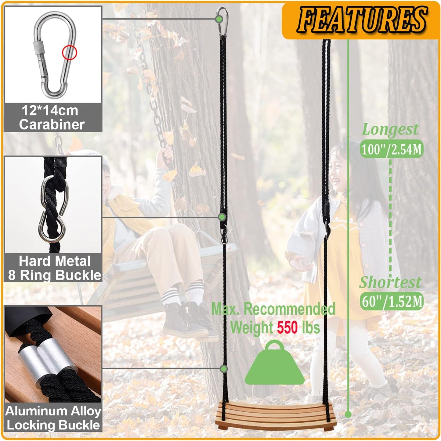 Taeku Adult Tree Swing, Hanging Beech Wood Swings with Adjustable Rope Garden Chair Seat Swing for Indoor Outdoor (24''x10'')