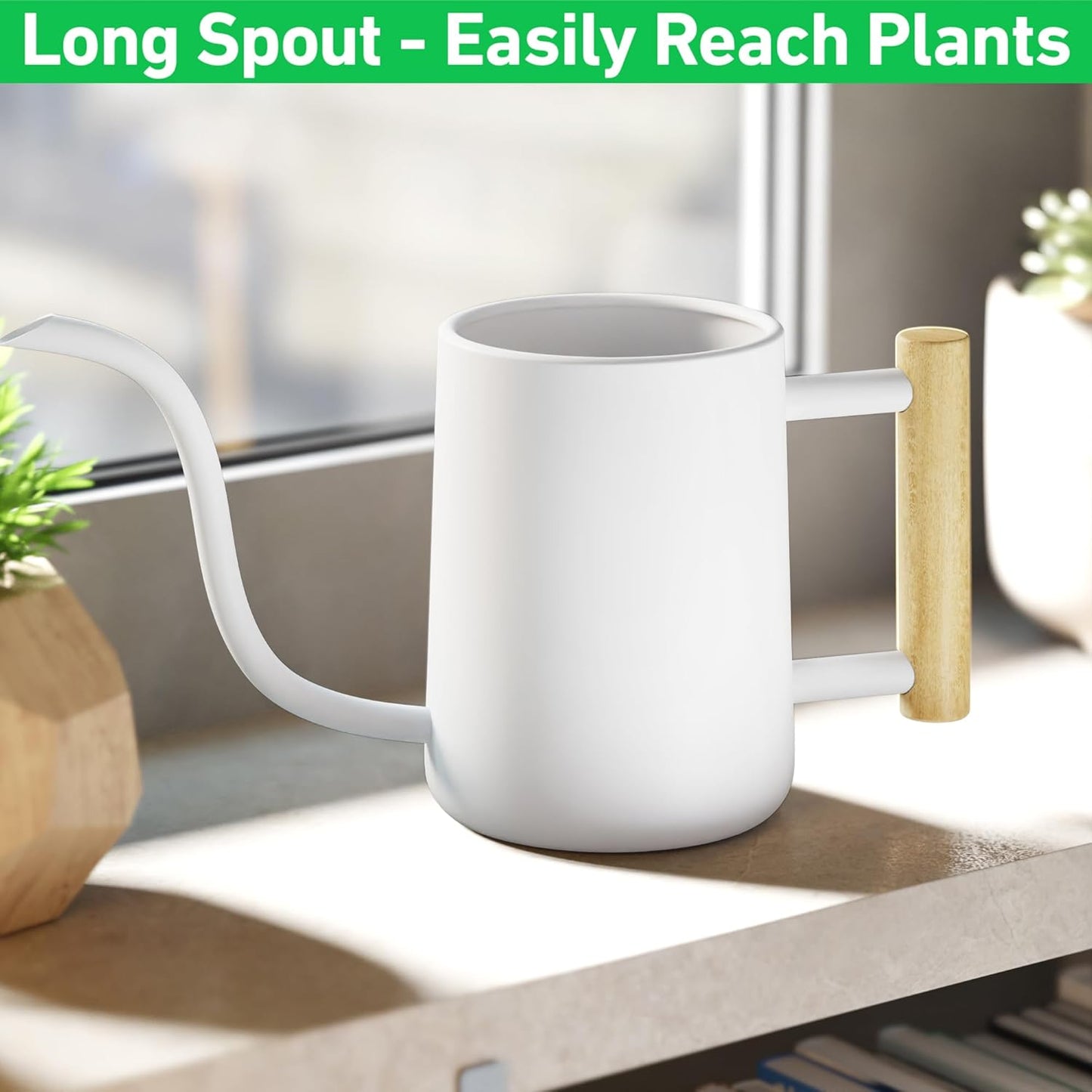 35 oz Metal Small Indoor Watering Can with Long Spout & Real Wood Handle for House Plants, Succulents, Cacti & Seedlings - White Long Spout Watering Can Indoor Plants - Stylish, Gentle Flow, No Spills