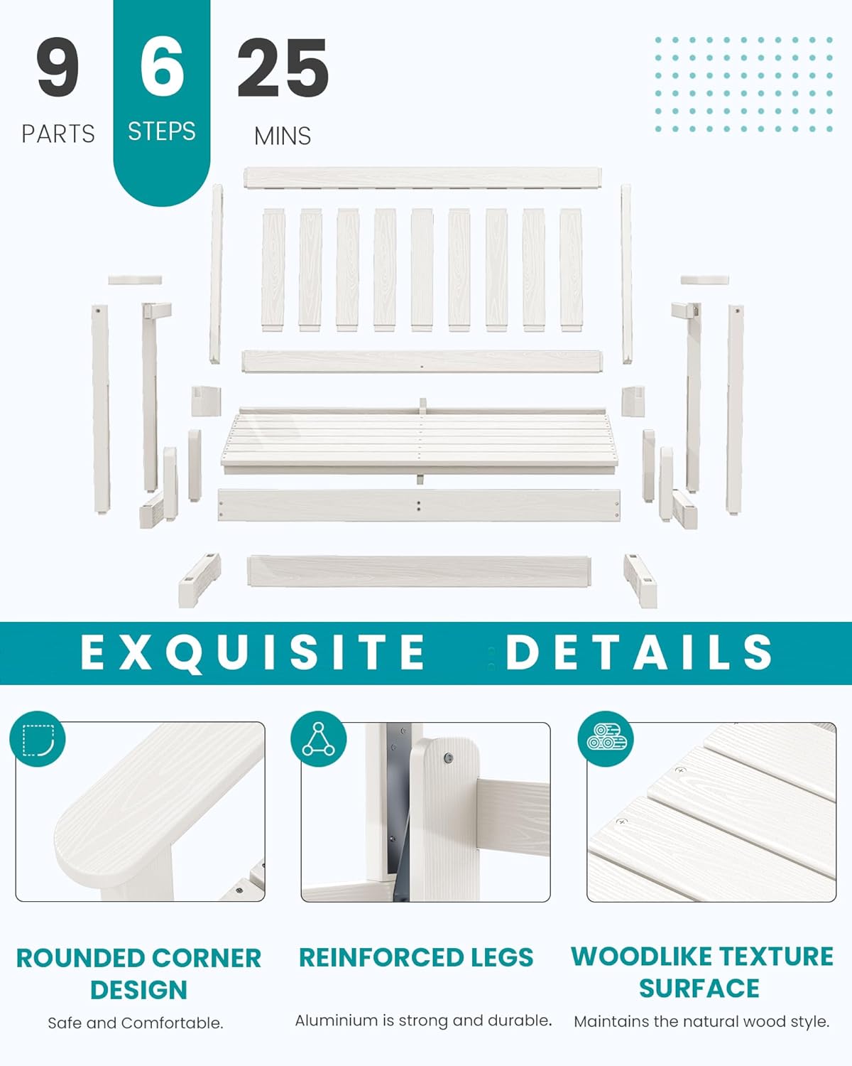 SERWALL 2 Person Patio Glider Rocking Chair, HDPE Material Weather-Resistant Swinging Bench for Outdoor Porch Garden, White