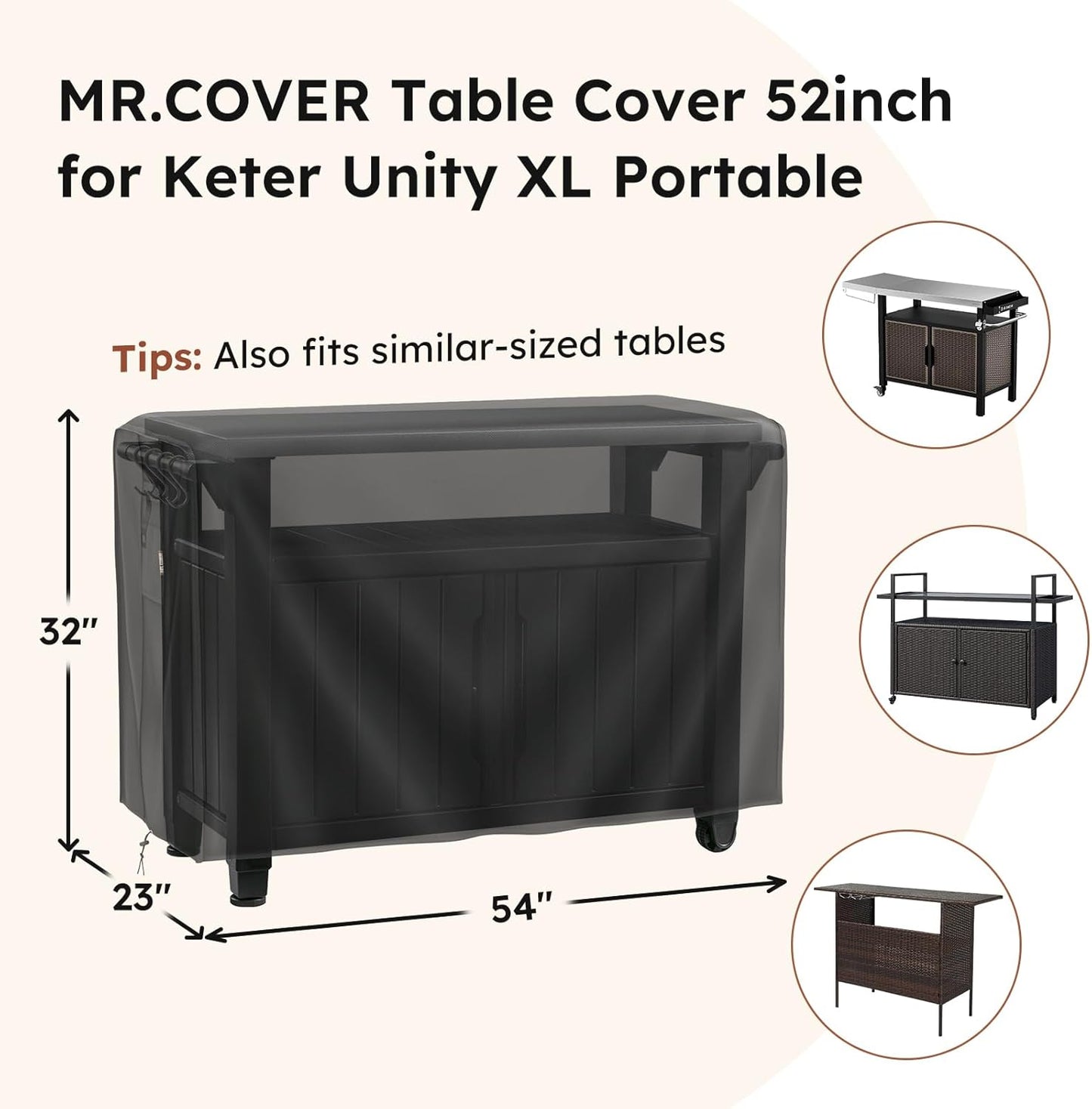 MR. COVER Outdoor prep table cover 52 inch for Keter Unity XL Outdoor Rolling Table Cart, Heavy Waterproof for Grill Dining Kitchen Cart Protective, Outdoor Storage Box Cover, Patio Food Prep Station
