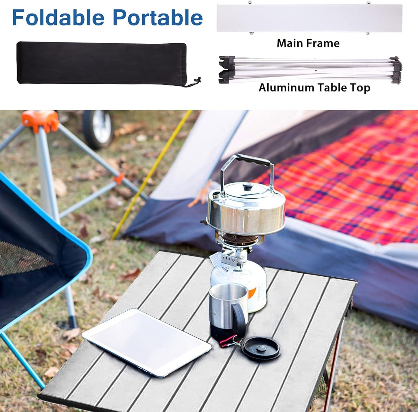 Tesouro Portable Camping Table,Folding Side Table Aluminum Top for Outdoor Cooking, Hiking, Travel, Picnic (Sliver-Large)