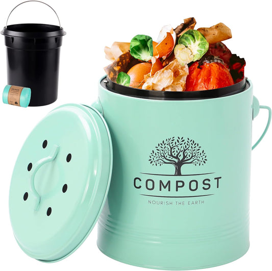 Perfnique Kitchen Compost Bin, 1.3 Gallon Countertop Compost Bin with Lid, Indoor Compost Bucket Includes Inner Bucket Liner and Carbon Filter, Small Compost Bin with Trash Bags (with Bags, Mint)