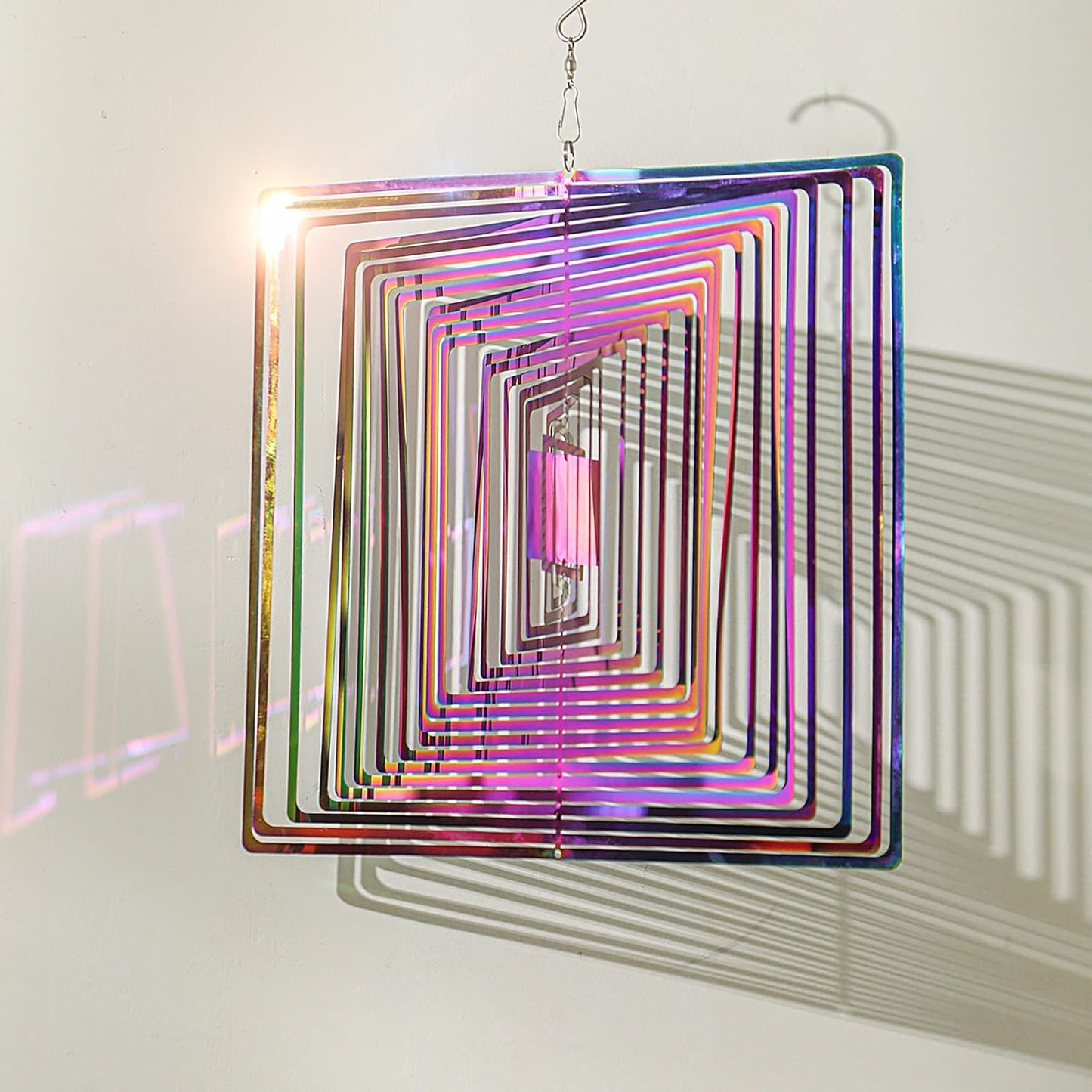 Wind Spinners Outdoor, 3D Maze, Square, Gradient Multicolor, 10 inches Stainless Steel Metal, Hanging Wind Spinners, Garden, Yard Décor, Outside, Gifts for Women Mom Wife