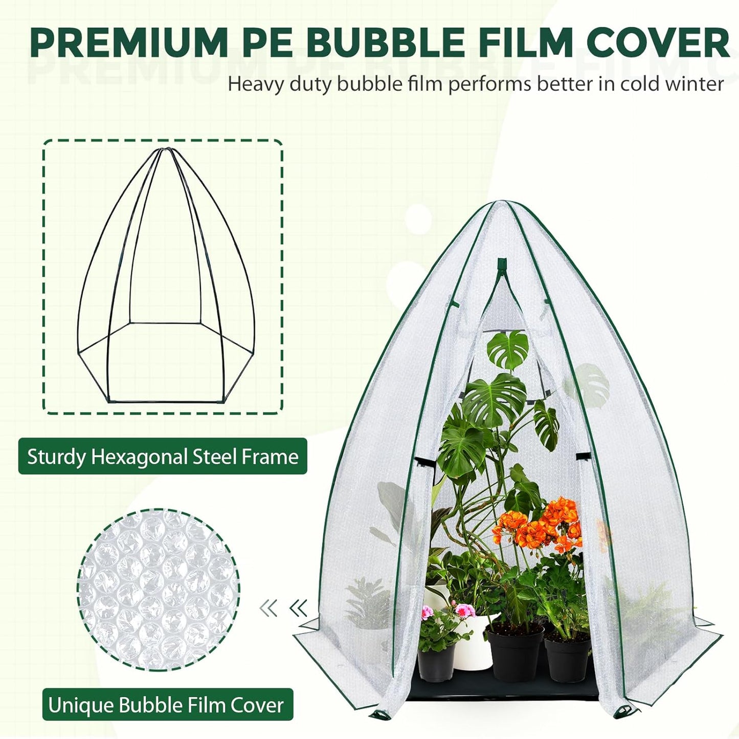 EAGLE PEAK Portable Mini Dome Greenhouse with Zippered Door and Mesh Window, Outdoor Mini Hexagon Greenhouse Kit for Indoor Outdoor Gardening 63”x63”x72”, Agricultural Bubble Film Cover