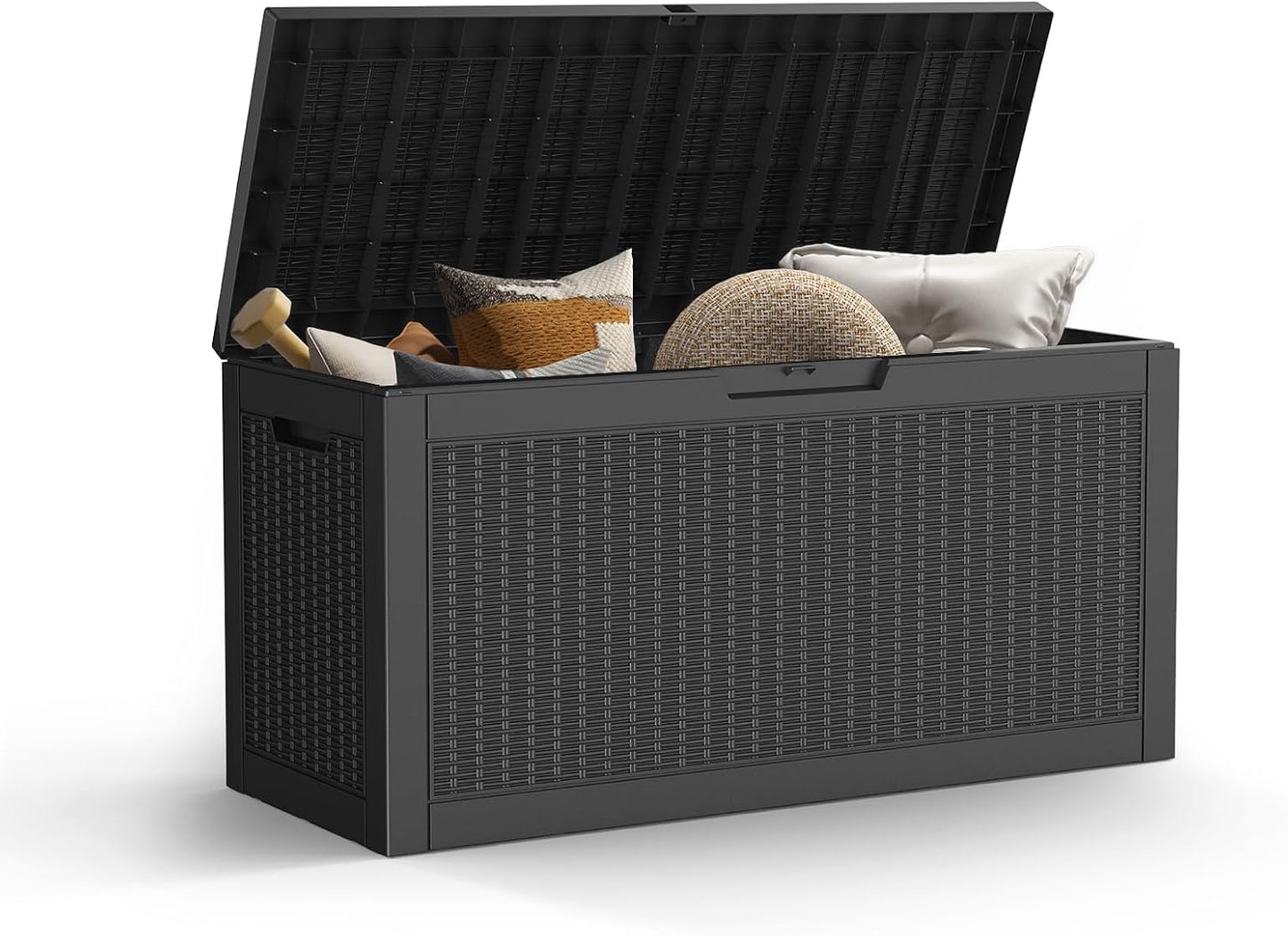 Mars Villa 60 Gallon Deck Box, Outdoor Storage Box Waterproof, Outside Resin Storage Bin for Outdoor Patio Furniture Cushions, Pool Supplies, Garden Tools, UV-Resistant and Weatherproof, Rattan Black
