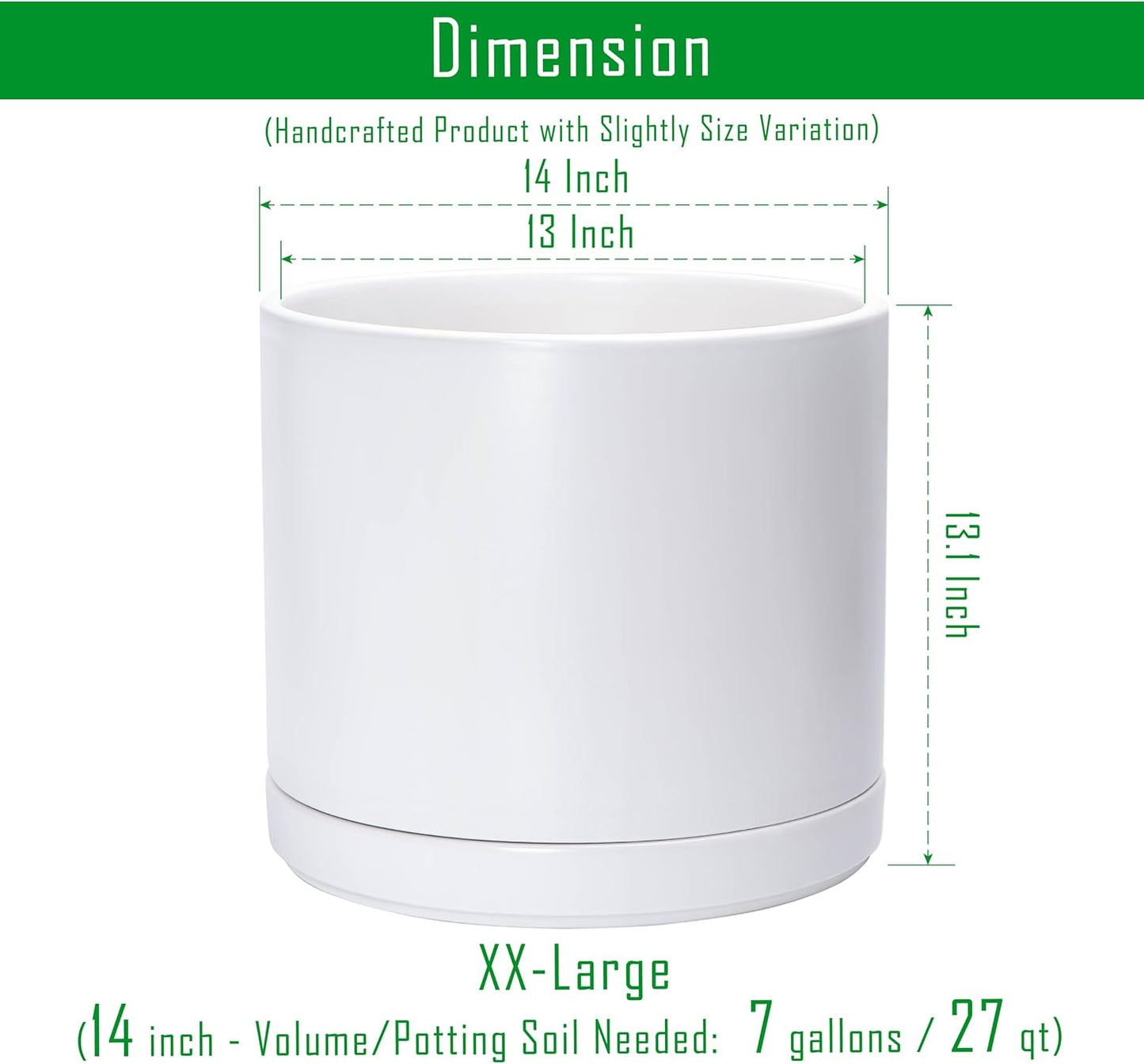 D'vine Dev 14 Inch Ceramic Planter Pot with Drainage Hole and Saucer, Indoor Cylinder Round Planter Pot, White, 94-O-G-1