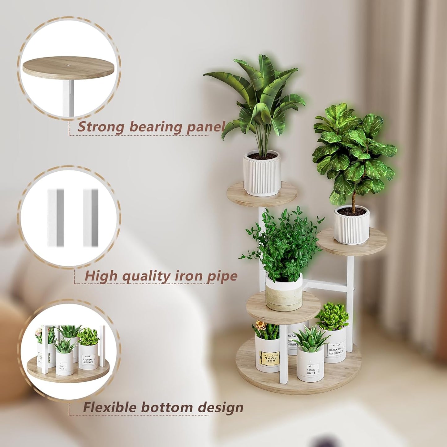 Plant Stand Indoor 4 Tier 5 Potted Multiple Flower Pot Holder for Patio Garden Balcony Living Room Corner (4 Tier White+Sonoma Oa)