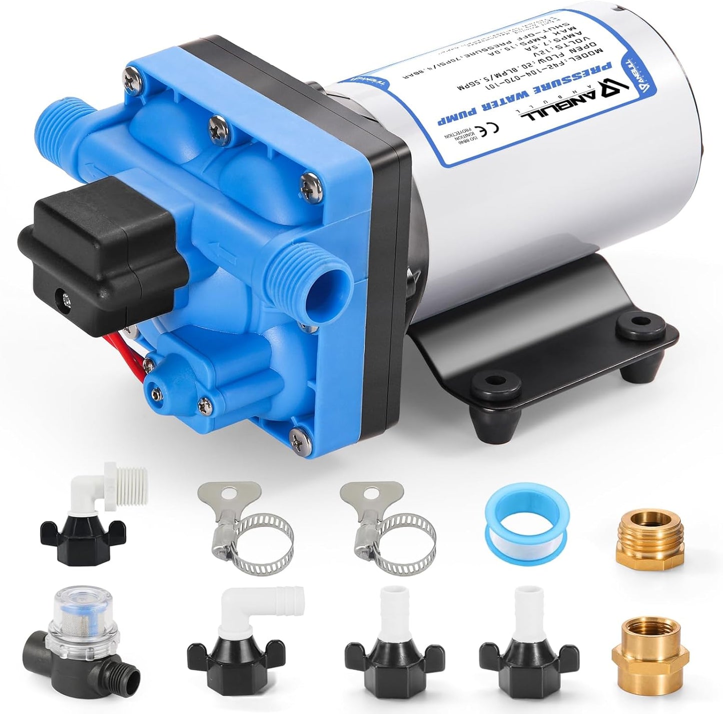 Anbull 12V Water Pressure Diaphragm Pump, 5.5GPM/70PSI Self Priming Pump with 3/4" Garden Hose Adapters, Marine Fresh Water Transfer Pump for RV Camper Yacht Lawn