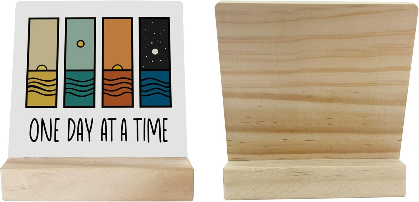 Primitive Wooden Sign, One Day at A Time, Desk Plaque with Wooden Stand 4 x 4.3 inches, Modern Decoration, Farmhouse Table Plaque Signs, Rustic Home Decor Plaque, Inspirational Sign, Uplifting Gift B
