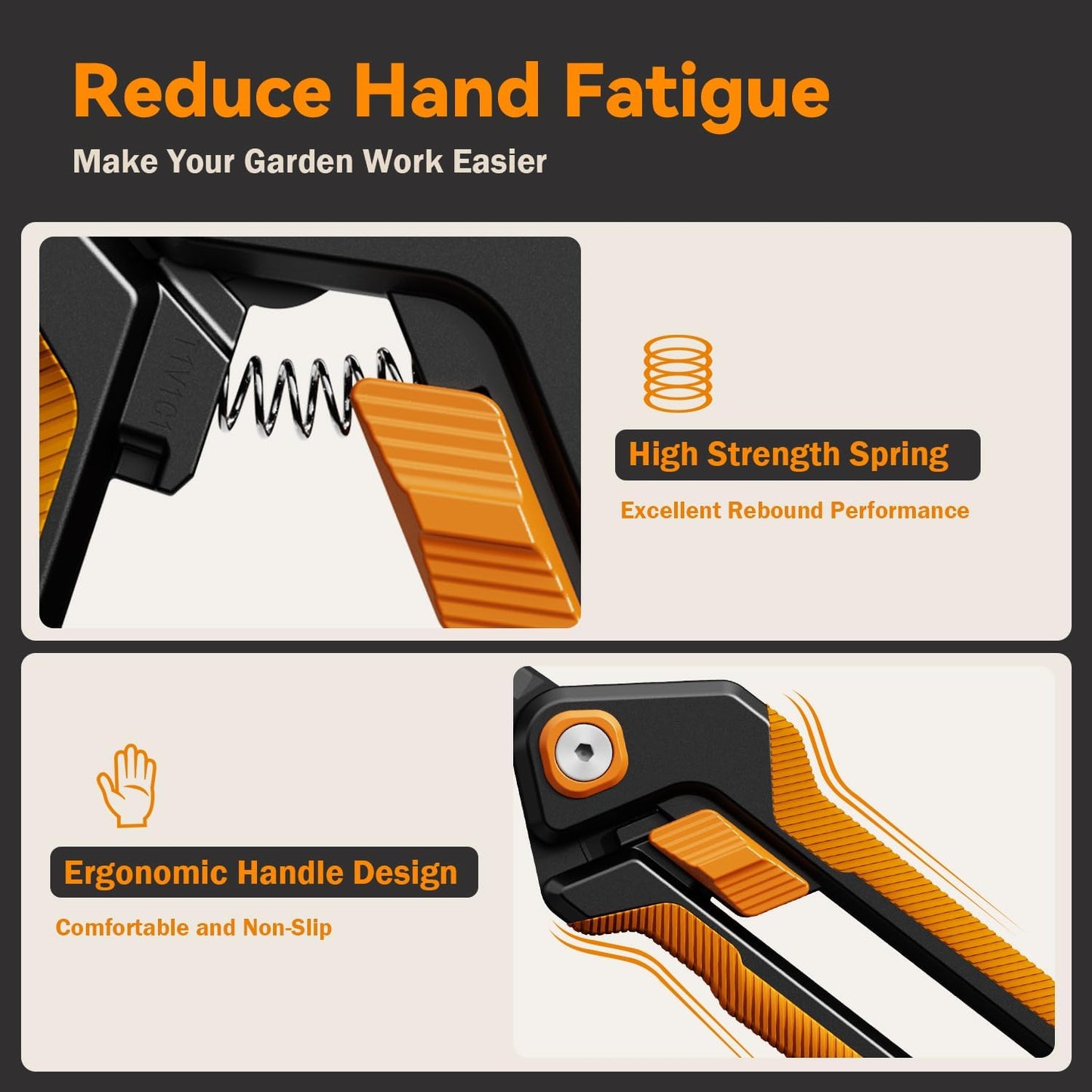 PrunePro Garden Scissors Pruning Shears Sharp Stainless Steel Non-Stick Teflon Coating Blade for Precise Cuts Garden Snip Bonsai Clippers for Plants Rose Flower Green & Orange