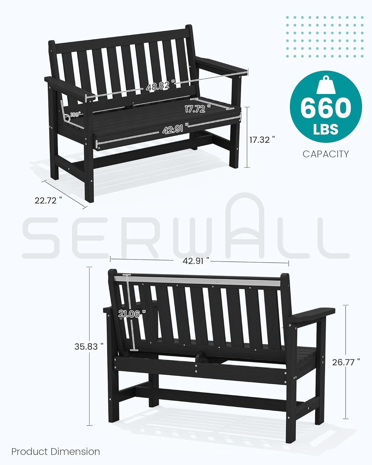 SERWALL Outdoor Bench, HDPE Outdoor Benches Weatherproof, 2-Person Garden Bench with 660 lbs Weight Capacity, Patio Benches for Outdoors, Garden, Porch, Backyard and Park, Black, 6 Pack